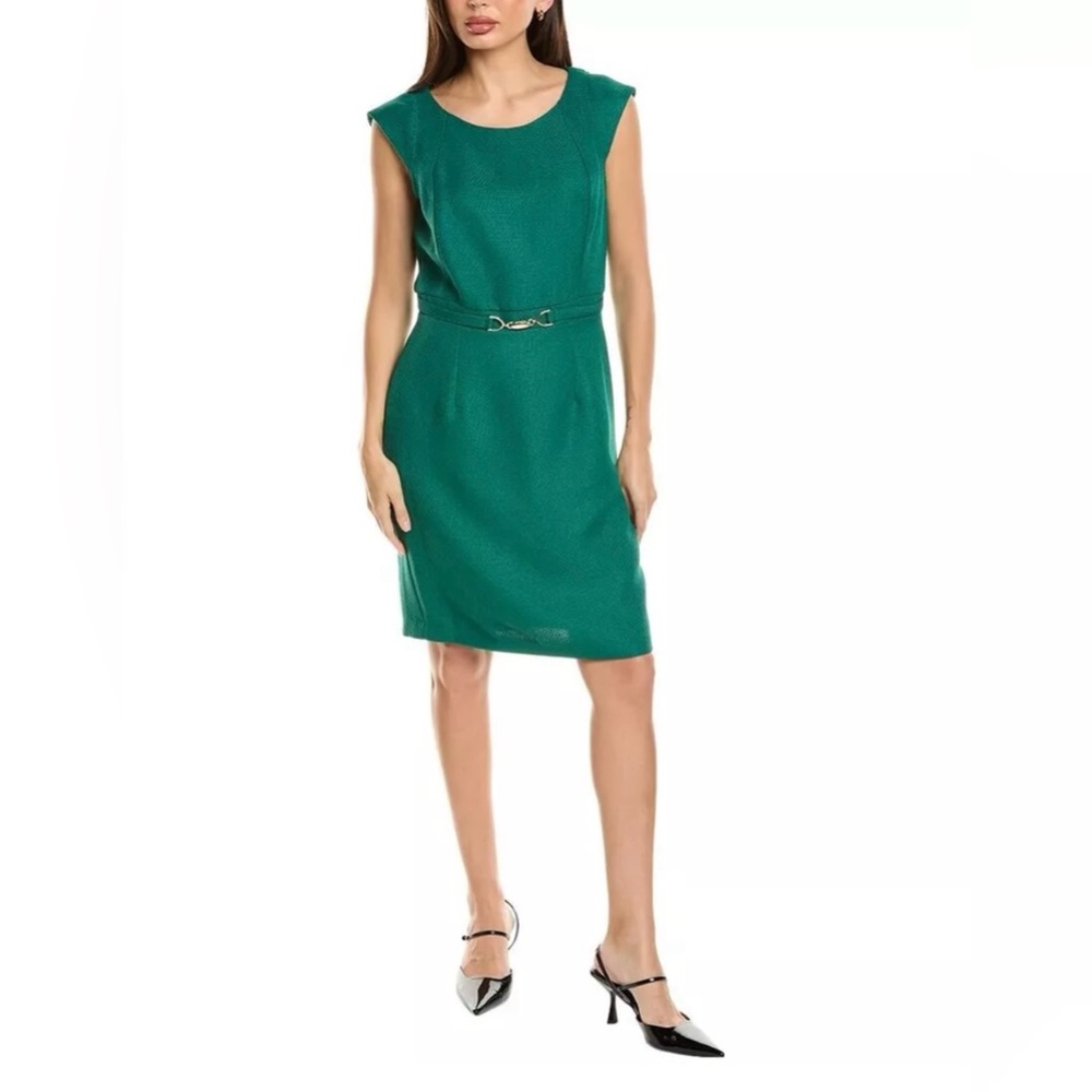 Tahari ASL Textured Sheath Boucle Dress Gold Buckle - Evergreen - Size 10 NWOT